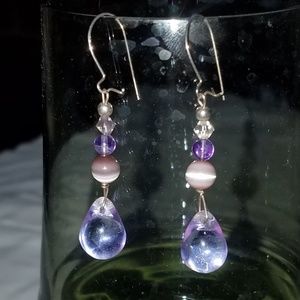 Purple Beaded Teardrop Dangle Earrings Cateye